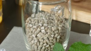 PEEK Virgin Granule in a small glass. PEEKshop.com